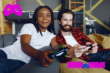 Two geeky gamers bonding over a game, highlighting the community aspect of the platform.