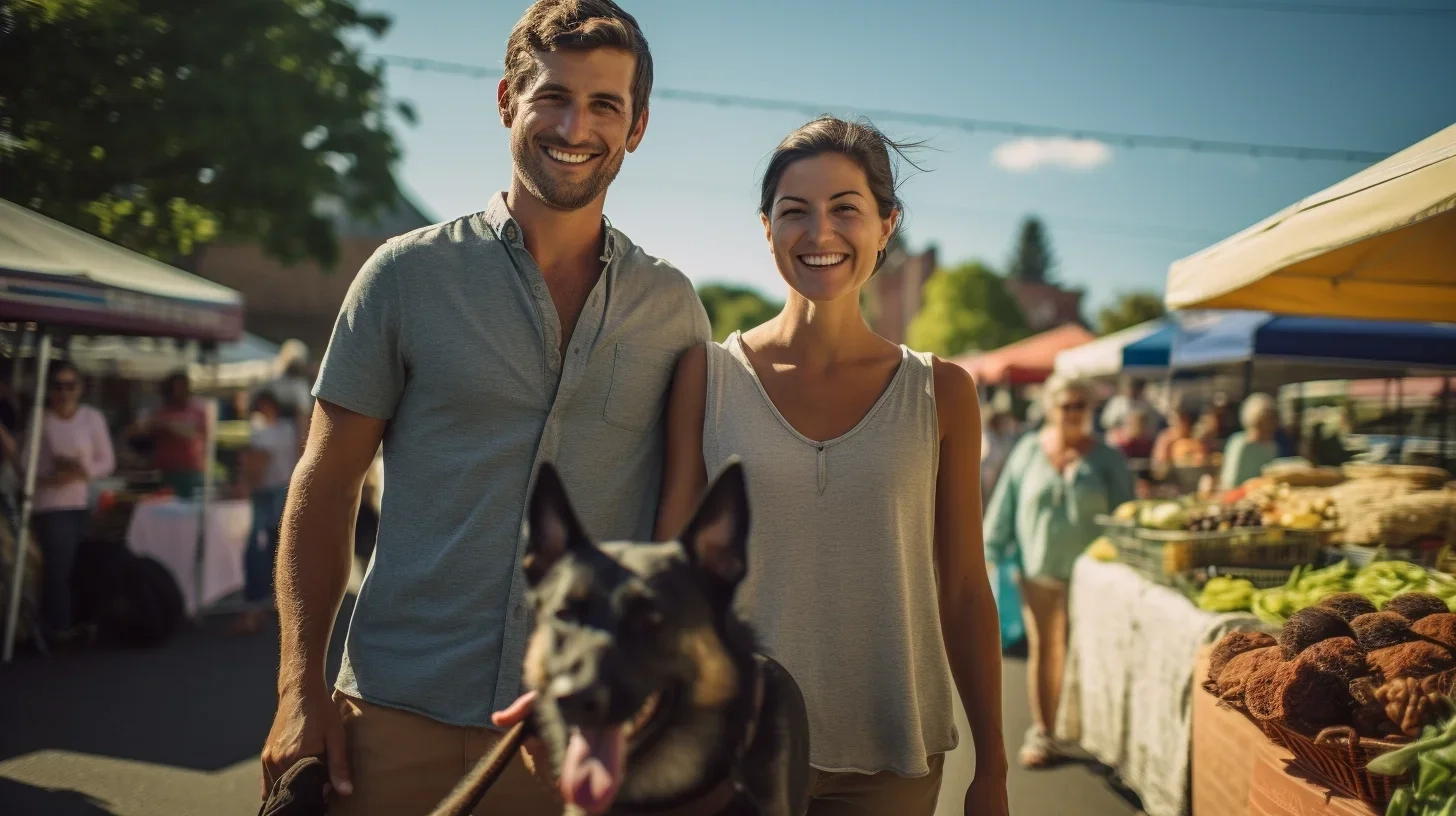 Surfer couple shopping at an Australian street market