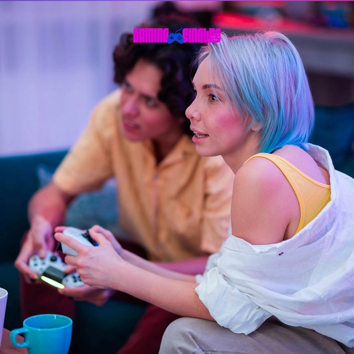 A gaming couple holding controllers, enjoying a fun multiplayer experience together.